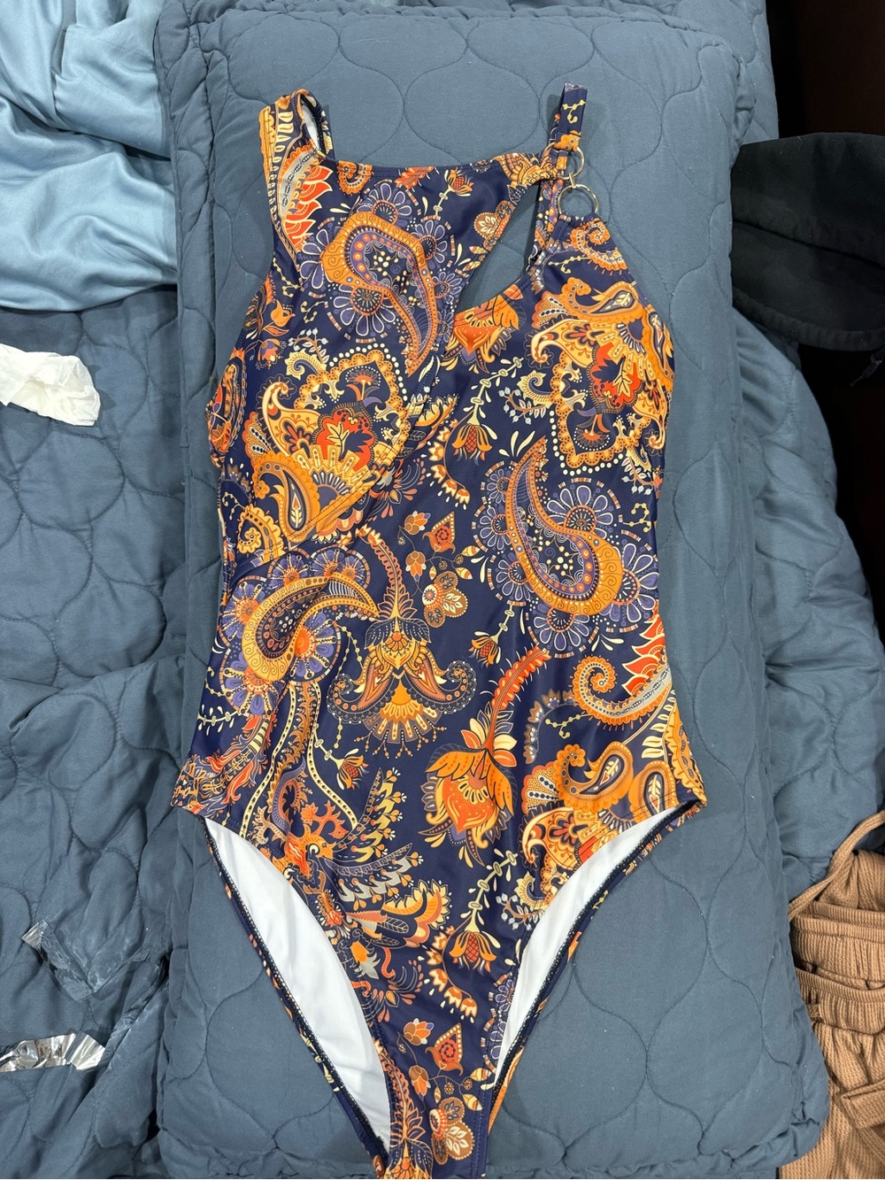 SHEIN Navy and Orange Paisley One-Piece Swimsuit